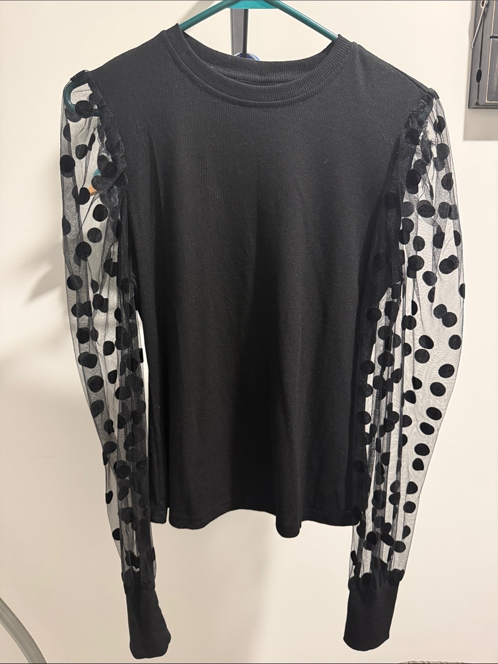 SHEIN Black Long Sleeve Top with Polka Dot Mesh Sleeves